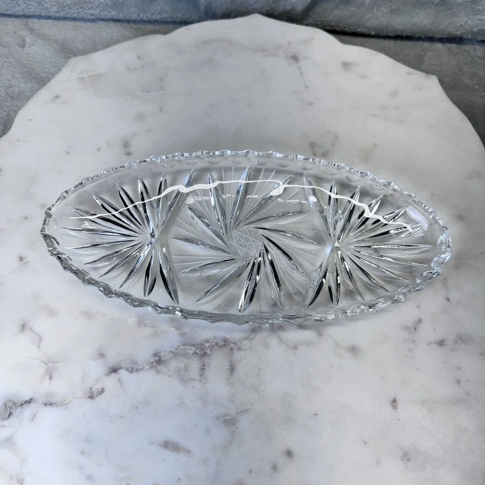 Vintage Clear Pressed Glass Starburst Pinwheel Oval Relish Dish Serving Tray MCM